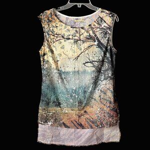 Gianni Bini Woodland Print Man on Horse Scene Sleeveless Tunic Blouse Top Medium